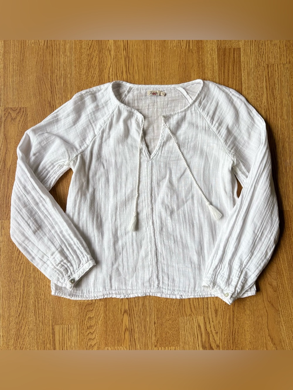 Faherty White Long Sleeve Peasant Blouse Tassel Tie Boho Flowy Cottage Beach S